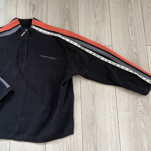 Harley Davidson Men Quarter Zip Mock Neck Sweater Three Stripe Black and Orange - Picture 6 of 11